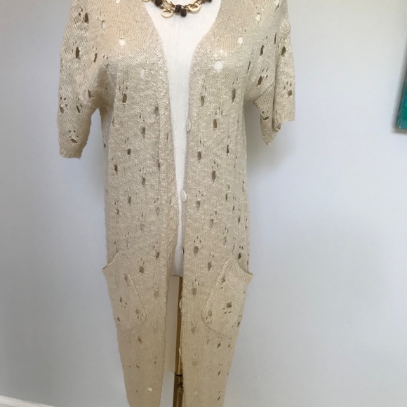 Boho Casual cardigan Short Sleeve Ivory with Chiffon Duster Back Panel - Picture 8 of 8